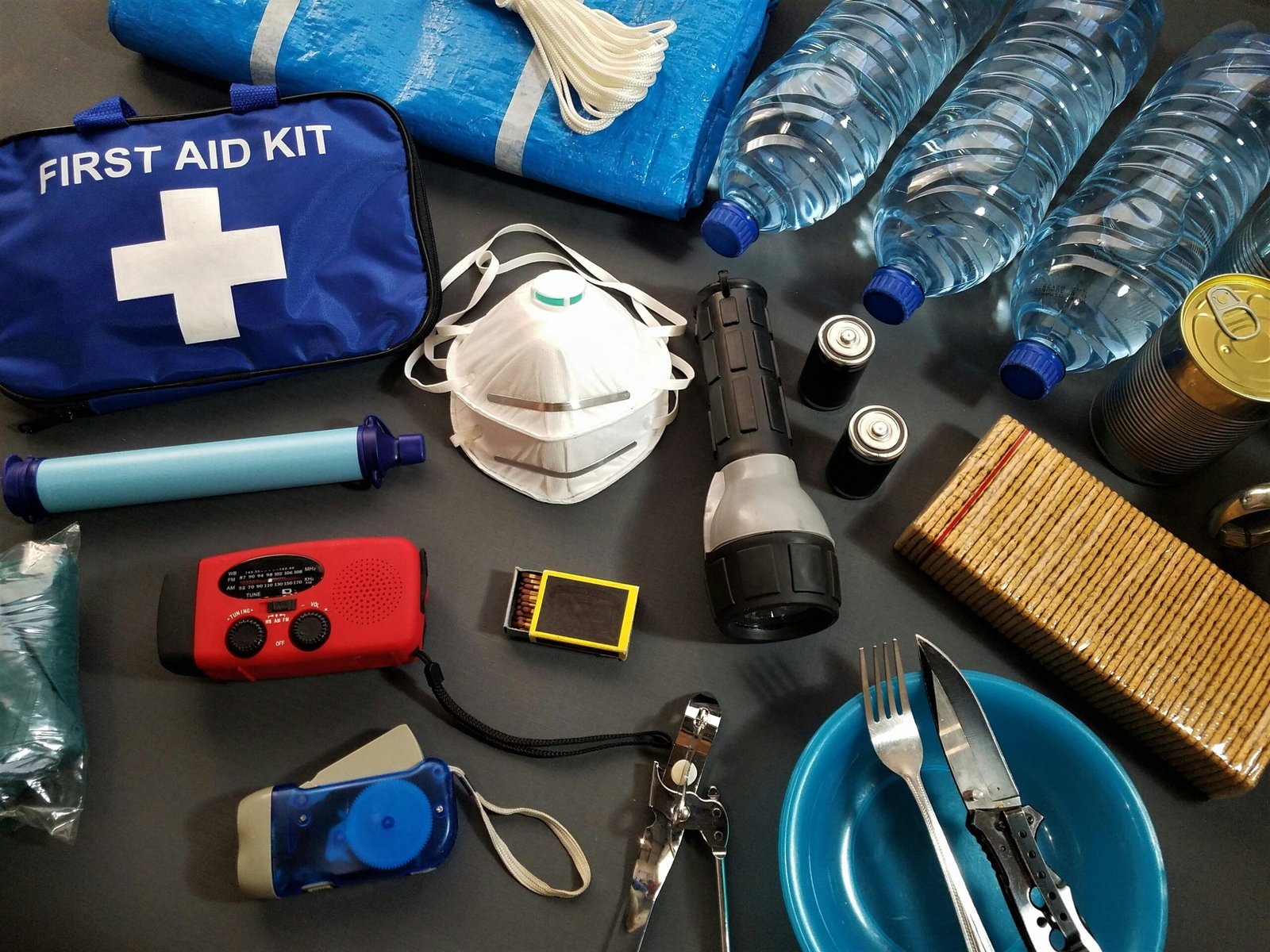 A photo of essential items for surviving a sandstorm, including goggles, scarf, water bottle, and GPS