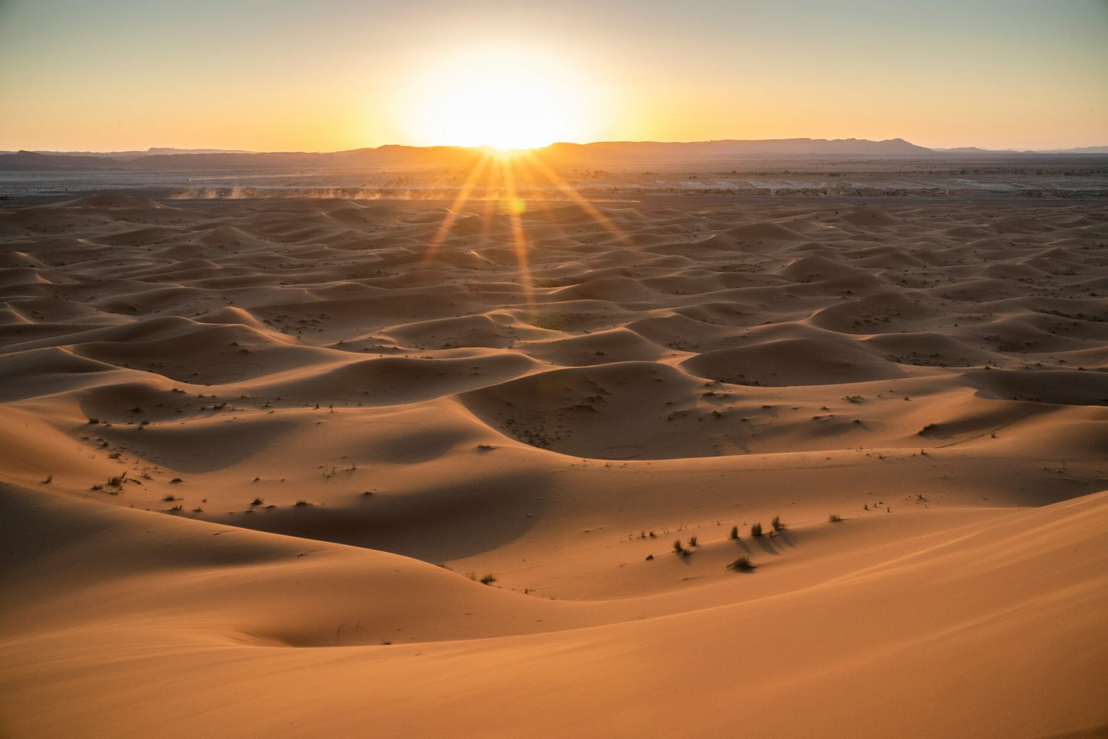 A wide shot of golden desert sands under a bright sun