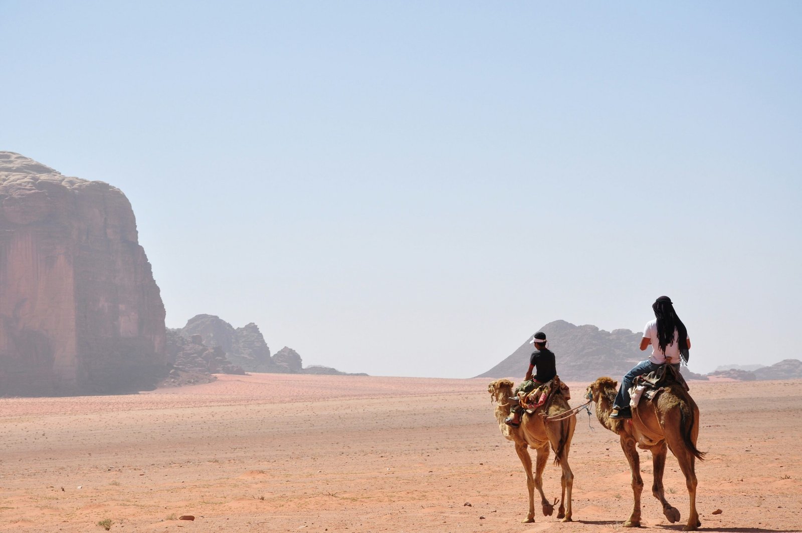 Tourists riding camels sustainably during a desert safari