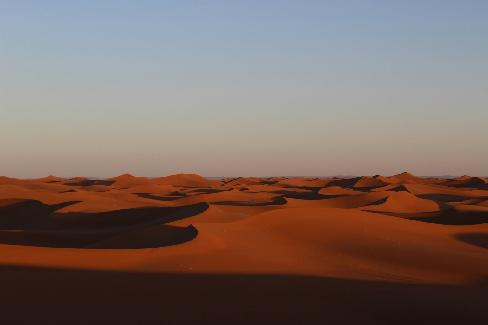 Travelers riding camels through sandy trails in the Sahara Desert at sunset