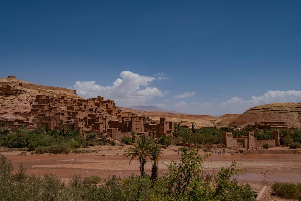 A serene oasis surrounded by palm trees amidst endless sand dunes.