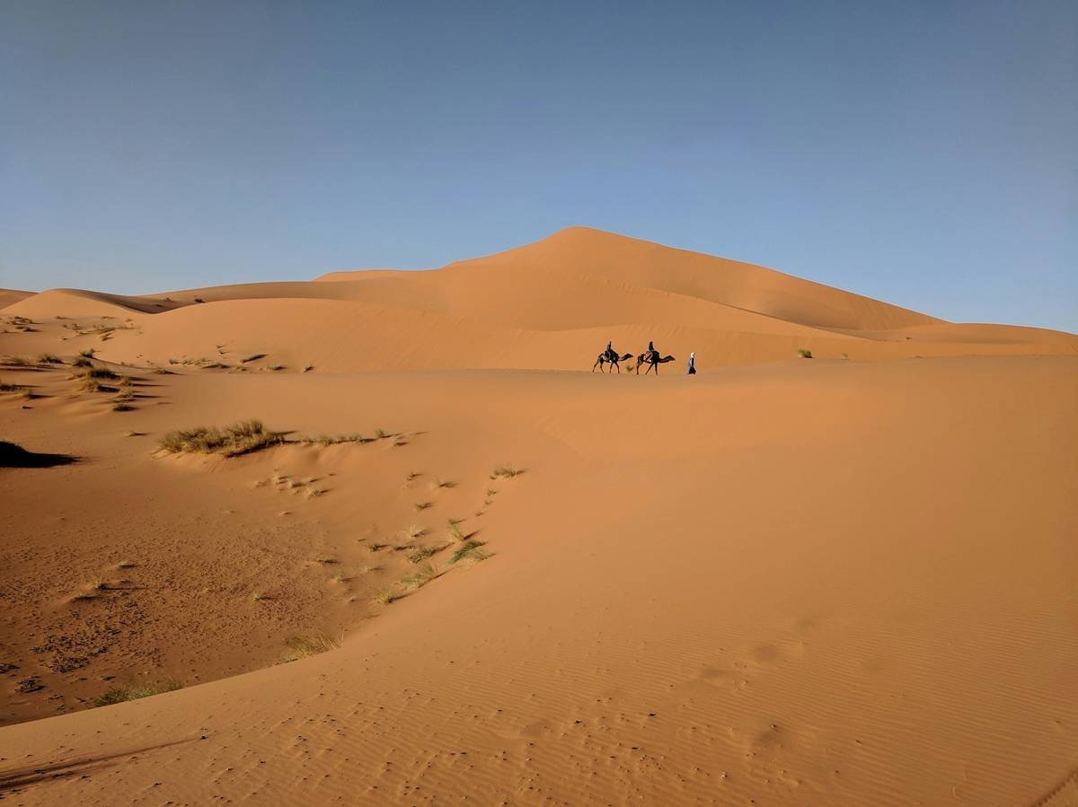 A small traditional Berber village surrounded by endless golden sand dunes.