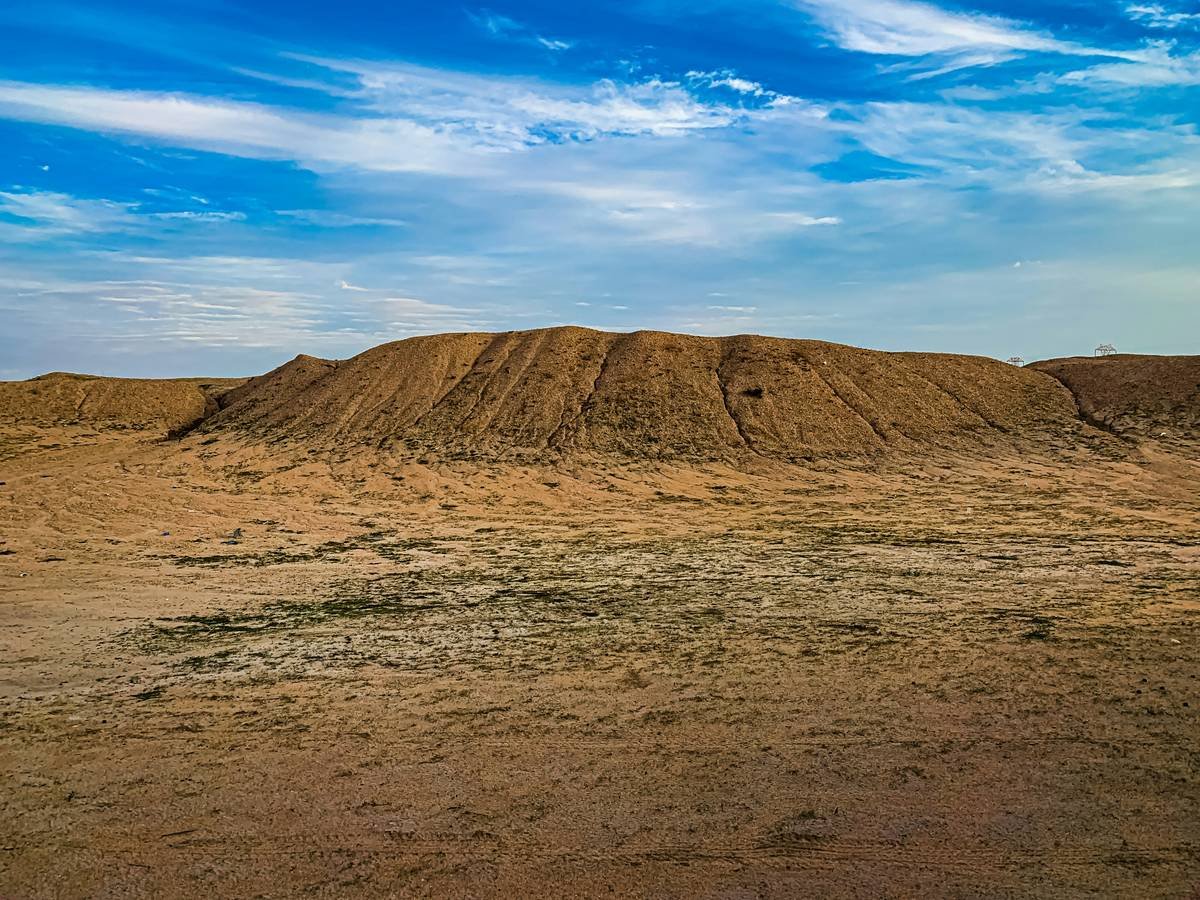 Golden sand dunes under a bright blue sky with a camel trekking across