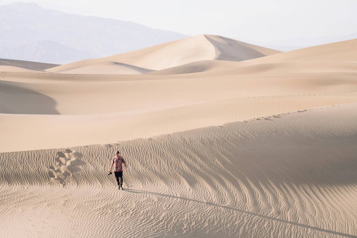 Traveler wearing protective gear for desert exploration