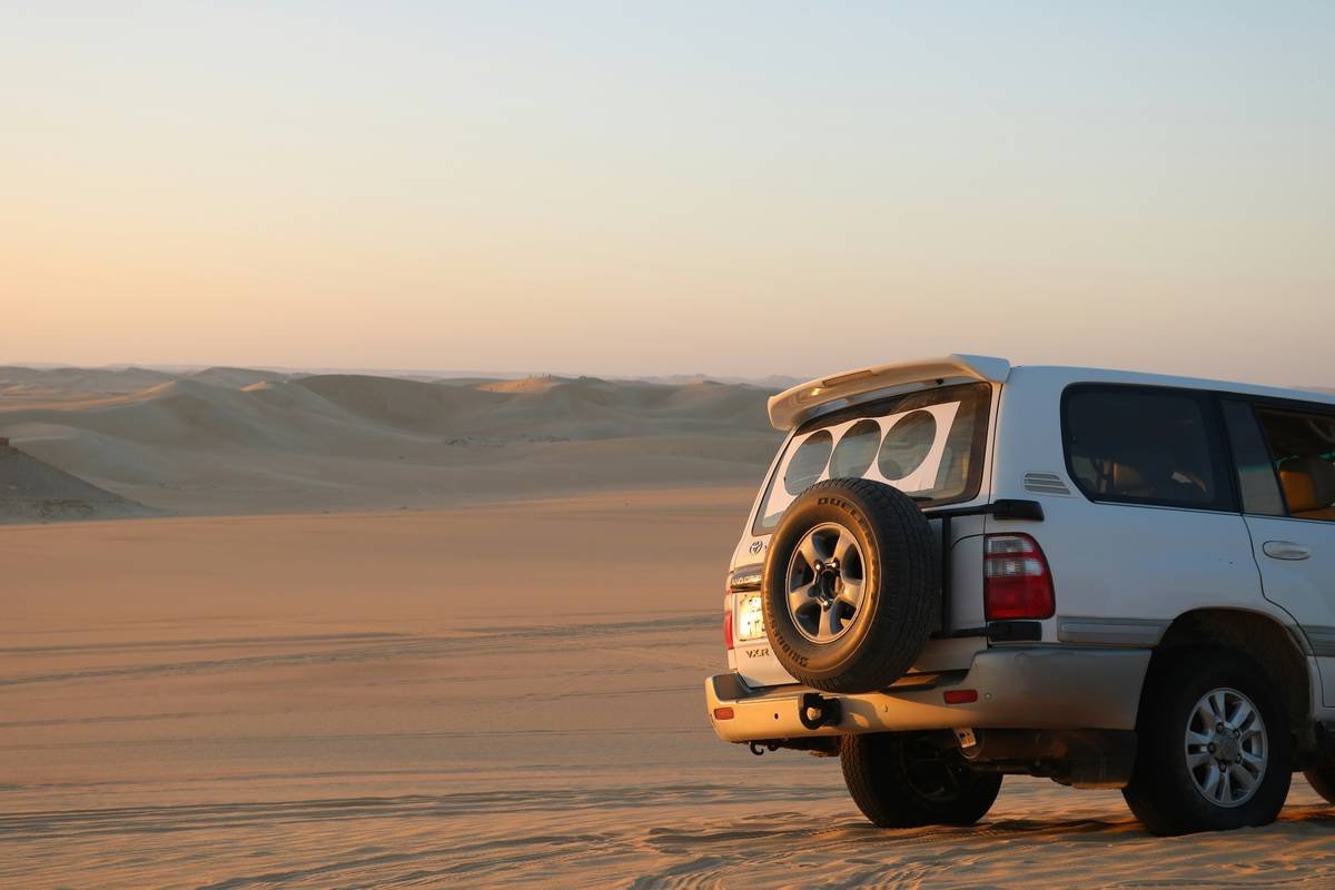 Comparison chart showing features of standard desert safari vs. desert safari without dune bashing: includes driving style, terrain, target audience, and environmental impact