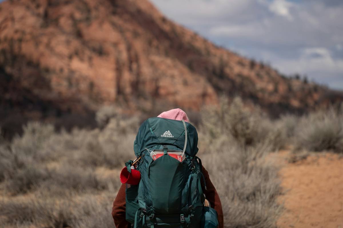 Infographic showing hourly water needs vs temperature in desert hiking: 90°F = 1L/hr, 100°F = 1.5L/hr, 110°F+ = 2L/hr